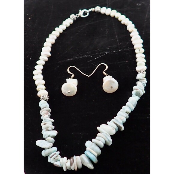 Squashed Pearl Blue Shell Beaded Chocker Necklace & Matching Hook Earring Set - Picture 1 of 7